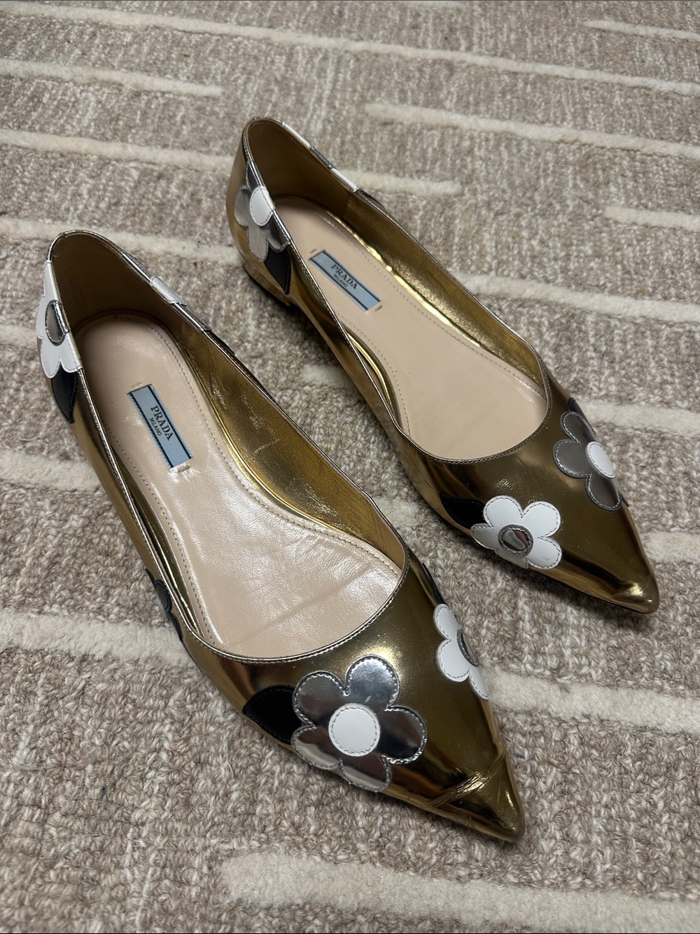 Prada Metallic Gold Pointed-Toe Floral Appliqué Flats